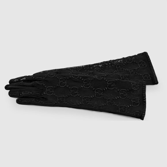 GUCCI GLOVES 787379 BLACK TULLE w GG LOGO MOTIF EMBROIDERY sz 8 / L - Picture 4 of 14